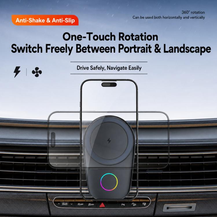 Supporto per auto con caricabatterie wireless magnetico da 15 W, girevole tramite touch screen, con raffreddamento integrato e luce RGB., T15