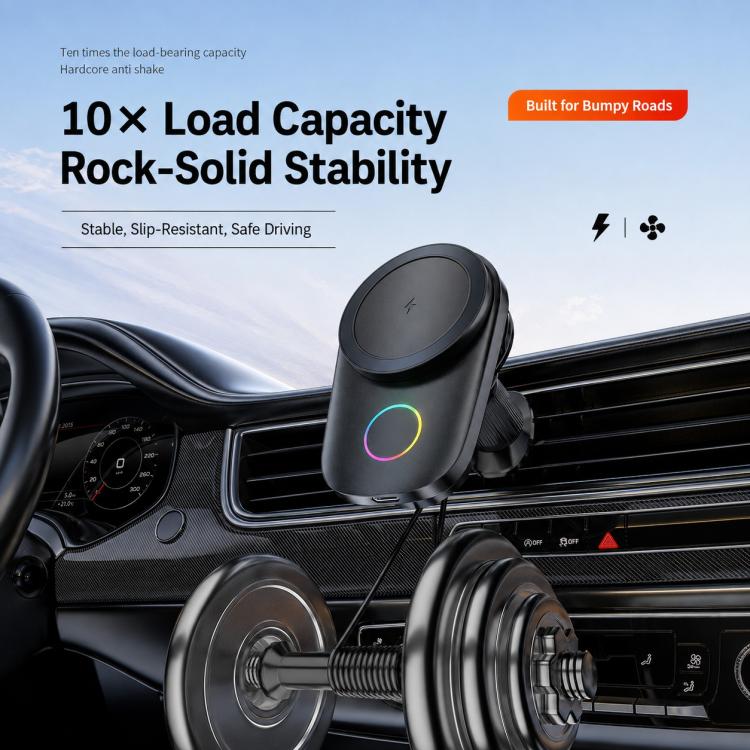 Supporto per auto con caricabatterie wireless magnetico da 15 W, girevole tramite touch screen, con raffreddamento integrato e luce RGB., T15