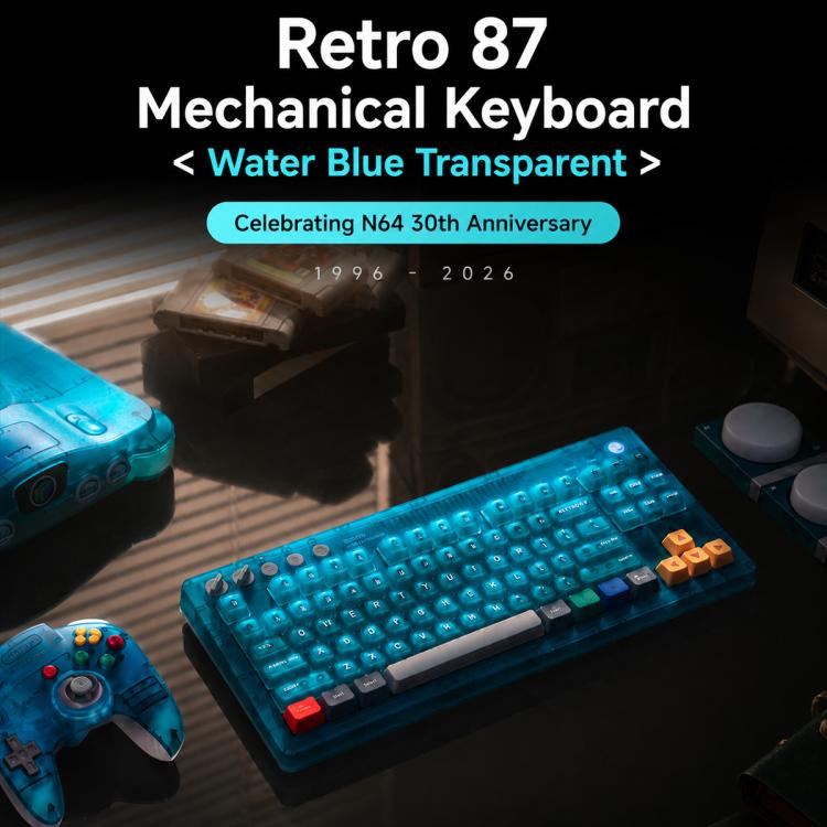 Tastiera meccanica 8BitDo Retro87 con illuminazione RGB retrò, verde trasparente e tasti grandi., Aqua Blue Keyboard