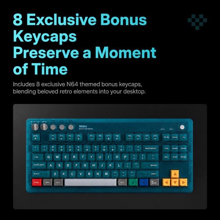 Tastiera meccanica 8BitDo Retro87 con illuminazione RGB retrò, verde trasparente e tasti grandi., Aqua Blue Keyboard