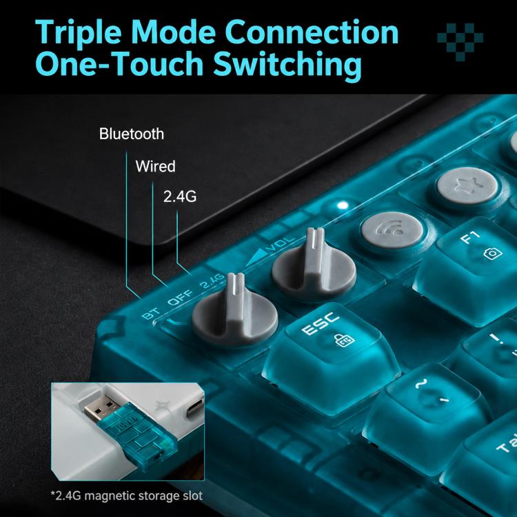 Tastiera meccanica 8BitDo Retro87 con illuminazione RGB retrò, verde trasparente e tasti grandi., Aqua Blue Keyboard