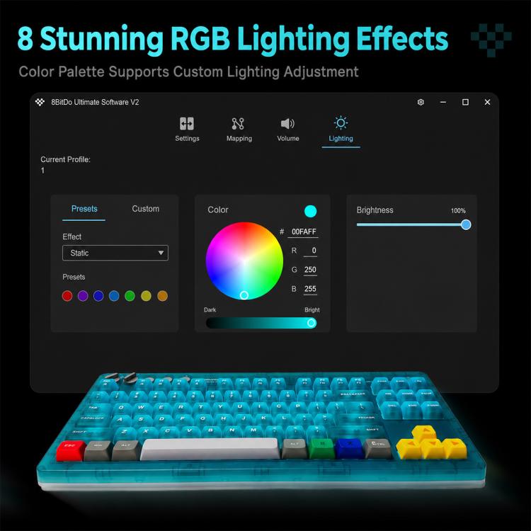 Tastiera meccanica 8BitDo Retro87 con illuminazione RGB retrò, verde trasparente e tasti grandi., Aqua Blue Keyboard