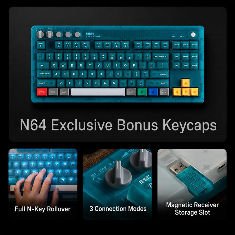 Tastiera meccanica 8BitDo Retro87 con illuminazione RGB retrò, verde trasparente e tasti grandi., Aqua Blue Keyboard