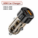 Caricabatterie da auto Toocki TC-CC25A da 60 W con doppia porta USB-A e USB-C., TC-CC25A