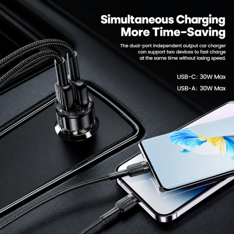 Caricabatterie da auto Toocki TC-CC25A da 60 W con doppia porta USB-A e USB-C., TC-CC25A
