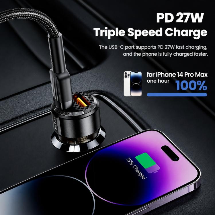 Caricabatterie da auto Toocki TC-CC25A da 60 W con doppia porta USB-A e USB-C., TC-CC25A