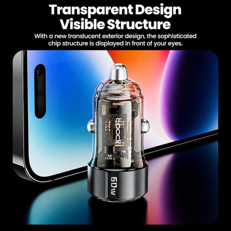 Caricabatterie da auto Toocki TC-CC25A da 60 W con doppia porta USB-A e USB-C., TC-CC25A