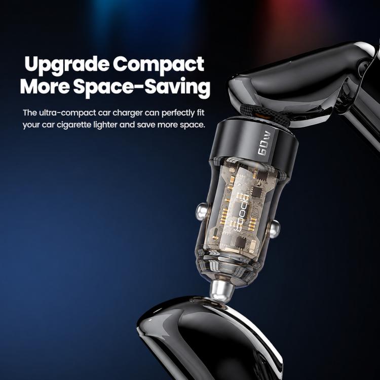 Caricabatterie da auto Toocki TC-CC25A da 60 W con doppia porta USB-A e USB-C., TC-CC25A