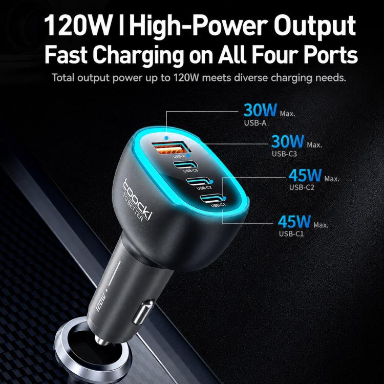 Caricabatterie da auto Toocki da 120 W in lega di zinco con 4 porte: 1 USB-A, 3 USB-C e luce ambientale., TQ-CC47B