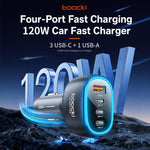 Caricabatterie da auto Toocki da 120 W in lega di zinco con 4 porte: 1 USB-A, 3 USB-C e luce ambientale., TQ-CC47B