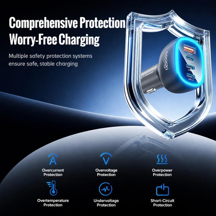 Caricabatterie da auto Toocki da 120 W in lega di zinco con 4 porte: 1 USB-A, 3 USB-C e luce ambientale., TQ-CC47B
