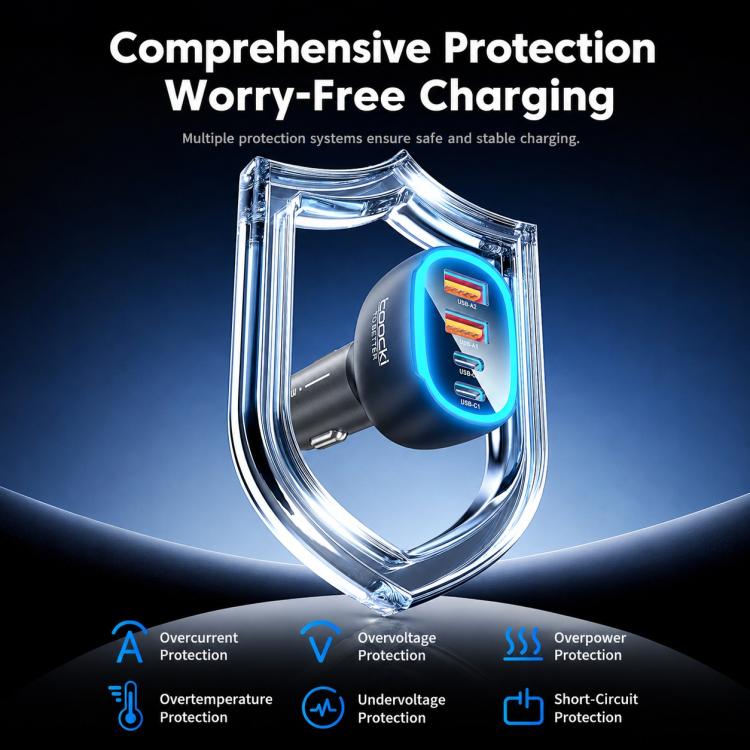 Caricabatterie da auto Toocki da 90 W a 4 porte in lega di zinco, con 2 porte USB-A e 2 porte USB-C e luce ambientale., TQ-CC47