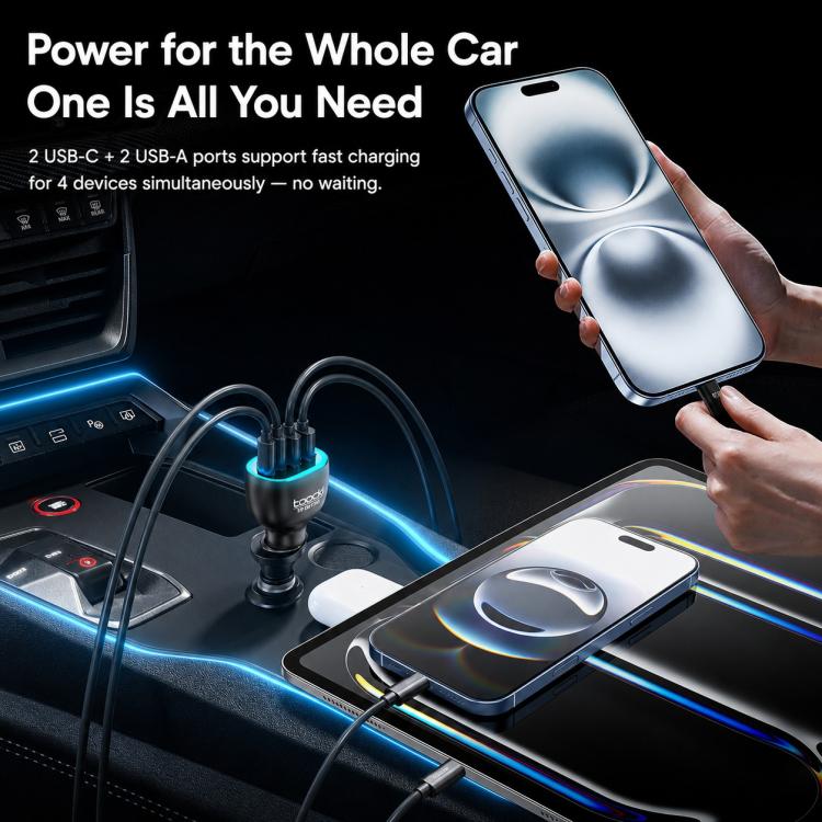 Caricabatterie da auto Toocki da 90 W a 4 porte in lega di zinco, con 2 porte USB-A e 2 porte USB-C e luce ambientale., TQ-CC47