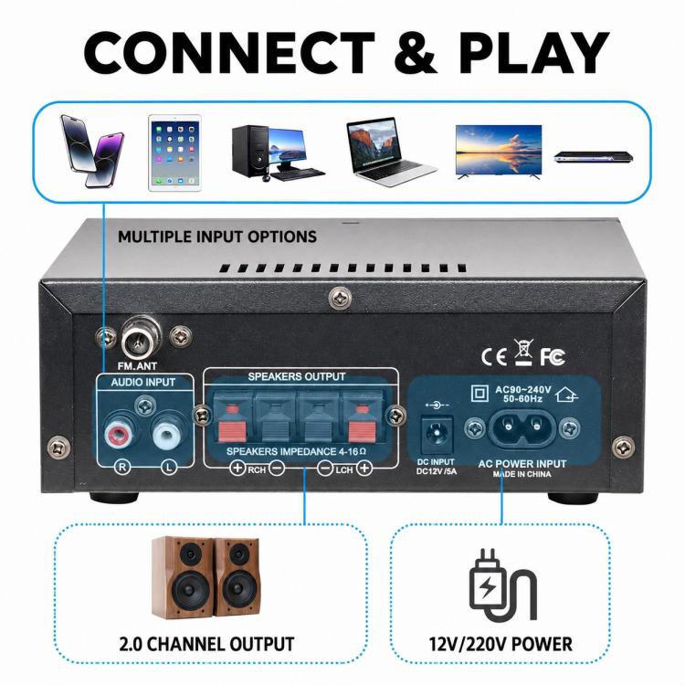 AK45 Pro Amplificatore audio digitale Bluetooth stereo ad alta potenza a 2 canali, EU Plug, UK Plug