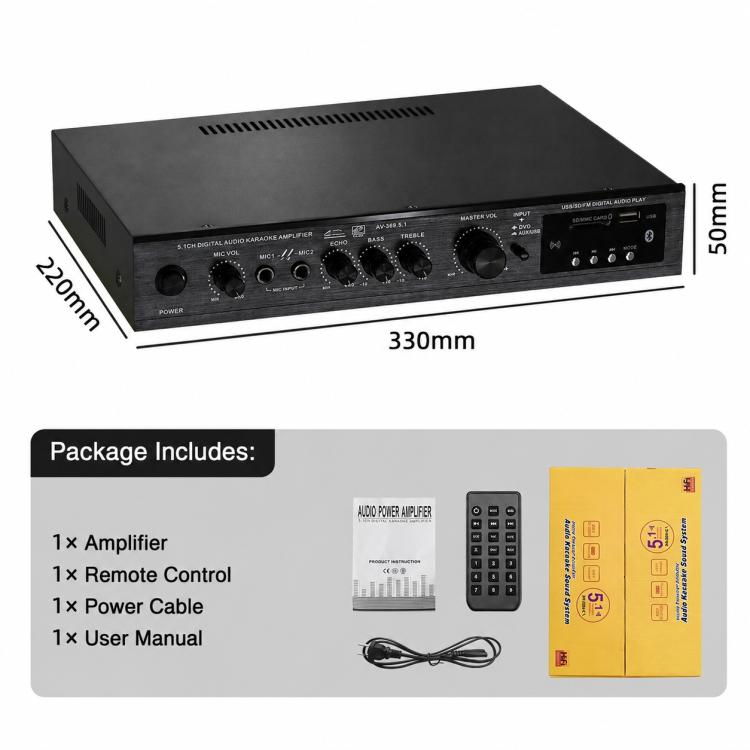 AV-369BT Amplificatore Bluetooth ad alta potenza a 5.1 canali per home theater e palcoscenici esterni., EU Plug, US Plug, UK Plug