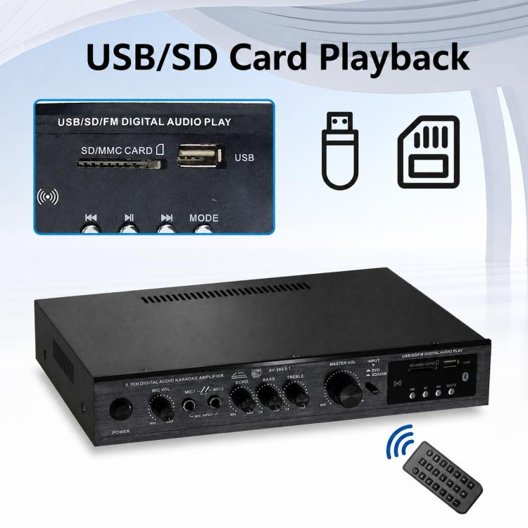 AV-369BT Amplificatore Bluetooth ad alta potenza a 5.1 canali per home theater e palcoscenici esterni., EU Plug, US Plug, UK Plug