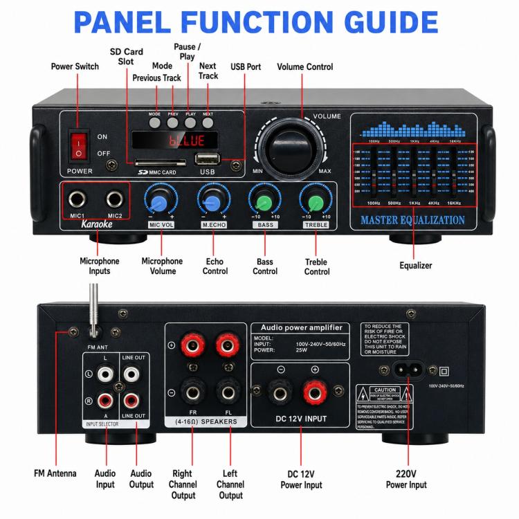 AV-016 Amplificatore Bluetooth ad alta potenza con display, EU Plug, US Plug, UK Plug