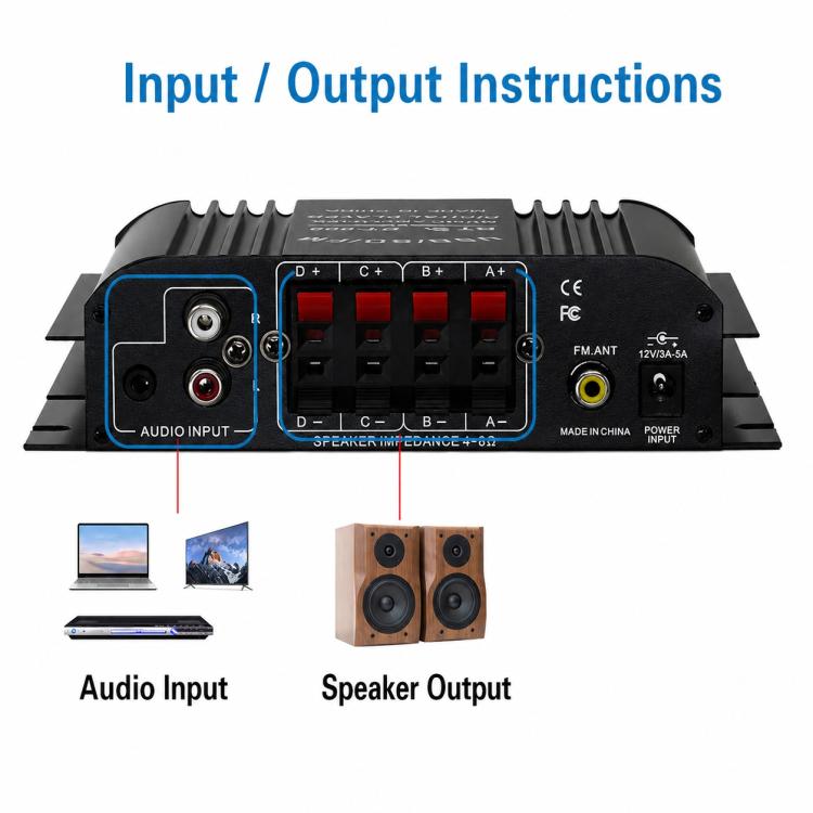 BT-998 Mini amplificatore Bluetooth 5.0 a 4 canali per uso domestico e in auto, No Adapter, US Plug, EU Plug