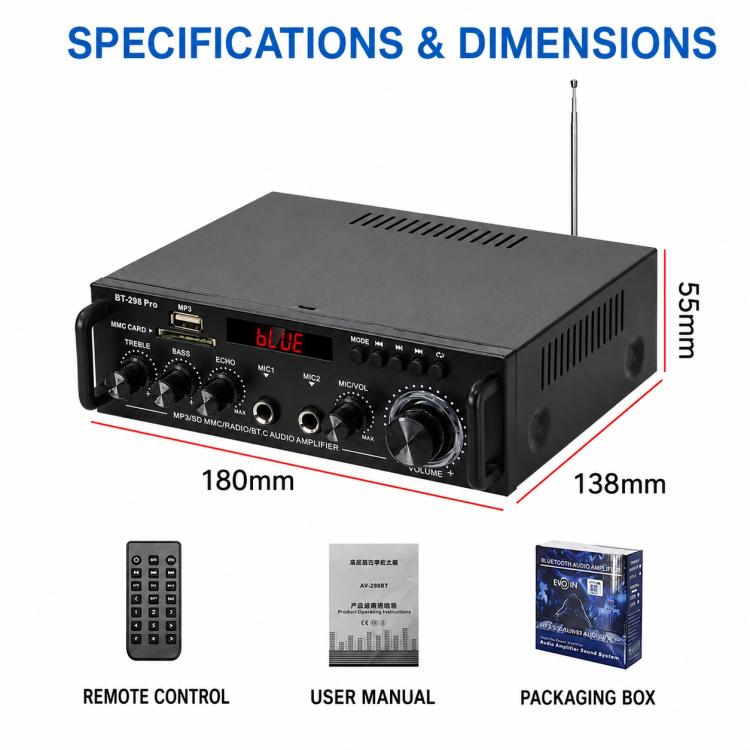BT-298 Pro Amplificatore audio digitale stereo a 2 canali con Bluetooth, EU Plug, US Plug, UK Plug