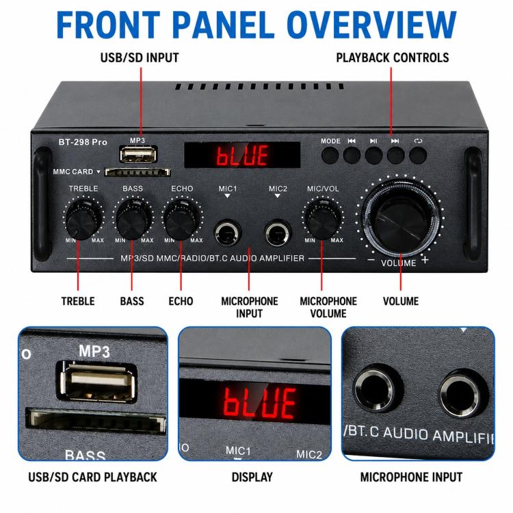 BT-298 Pro Amplificatore audio digitale stereo a 2 canali con Bluetooth, EU Plug, US Plug, UK Plug