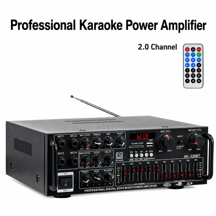 AV-326BT Amplificatore stereo ad alta potenza con Bluetooth ed equalizzatore per auto e karaoke all'aperto, EU Plug, US Plug, UK Plug