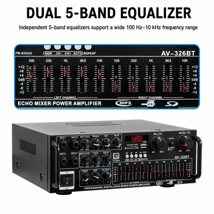 AV-326BT Amplificatore stereo ad alta potenza con Bluetooth ed equalizzatore per auto e karaoke all'aperto, EU Plug, US Plug, UK Plug