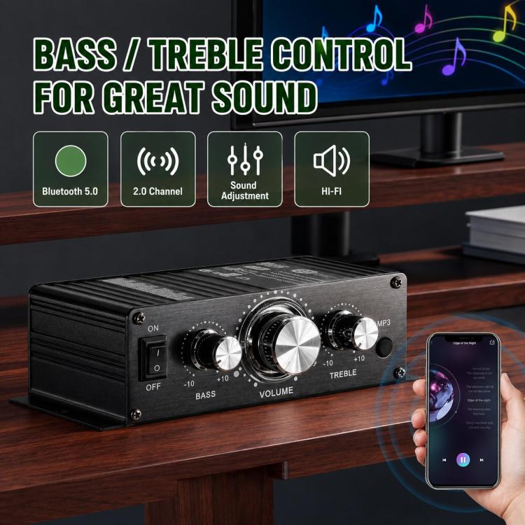 BT-888 Mini amplificatore Bluetooth 5.0 a 2 canali per uso domestico e in auto, No Adapter & BT, No Adapter Support BT, BT Version + US Plug, BT Version + EU Plug