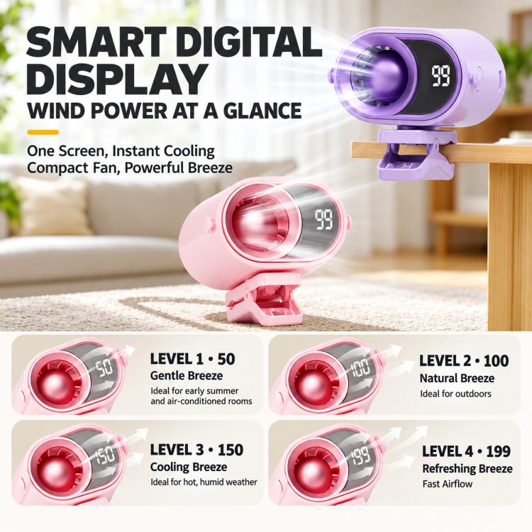 Ventilatore portatile con clip, controllo intelligente della velocità continua e display digitale