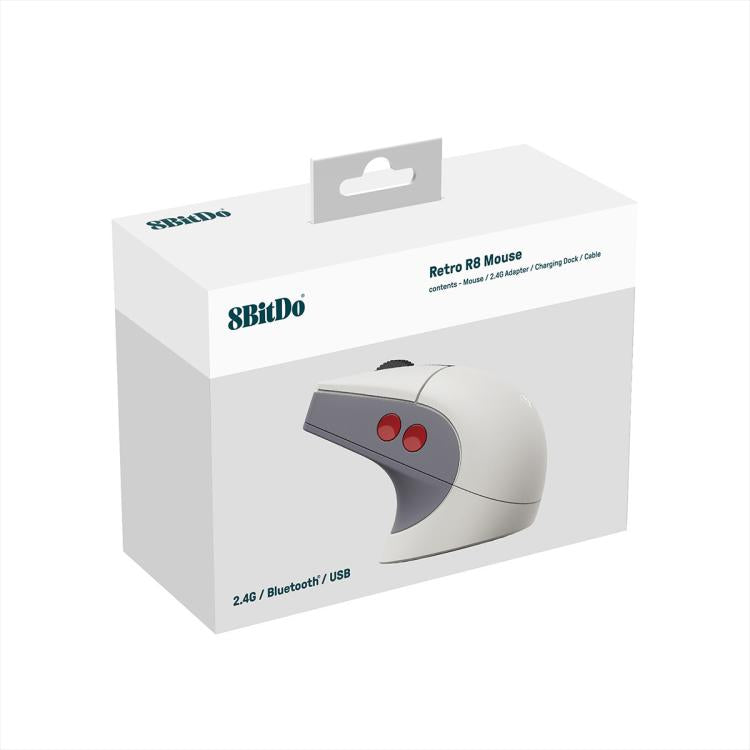 Mouse wireless retrò 8BitDo Retro R8-N Edition con tripla modalità e base di ricarica wireless.