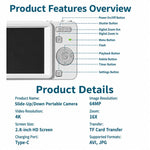 Fotocamera digitale M15 con cover scorrevole, risoluzione 4K e sensore CCD da 64 MP, sensore da 64 MP.