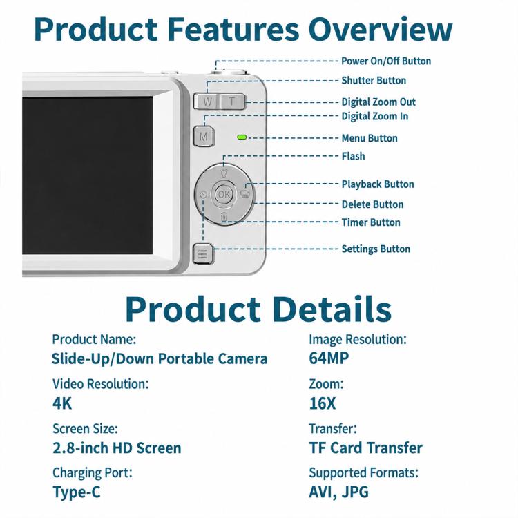 Fotocamera digitale M15 con cover scorrevole, risoluzione 4K e sensore CCD da 64 MP, sensore da 64 MP.