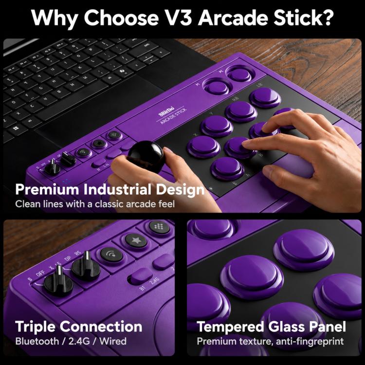8BitDo Arcade Stick V3 Controller di gioco tri-mode Bluetooth, cablato e wireless