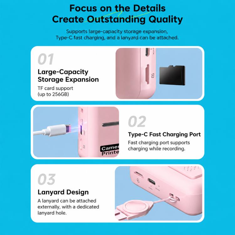 DC505 Fotocamera per bambini con schermo a colori da 2,8 pollici e risoluzione 4K, ideale per selfie scolastici., No Memory Card + 10 Photo Papers, 32G Memory Card + 10 Photo Papers, 64G Memory Card + 10 Photo Papers