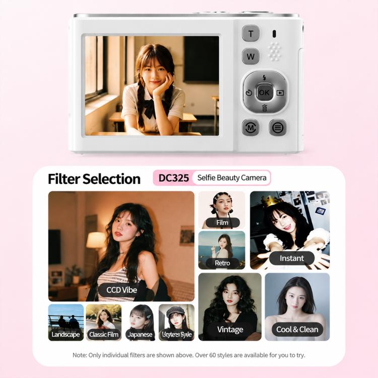 DC325 Fotocamera selfie con doppio schermo, filtri anteriore e posteriore e telecamera CCD, 16G Memory Card, 32G Memory Card
