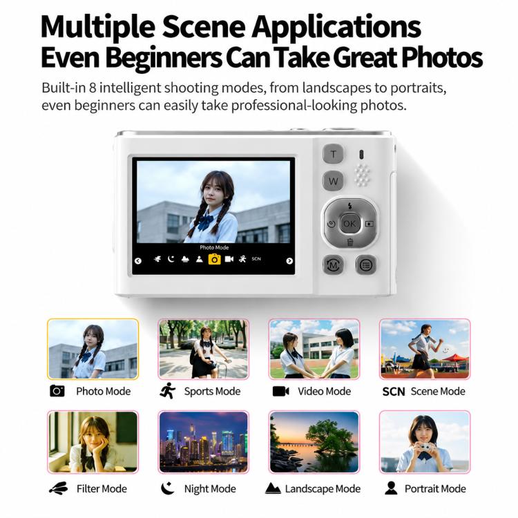 DC325 Fotocamera selfie con doppio schermo, filtri anteriore e posteriore e telecamera CCD, 16G Memory Card, 32G Memory Card
