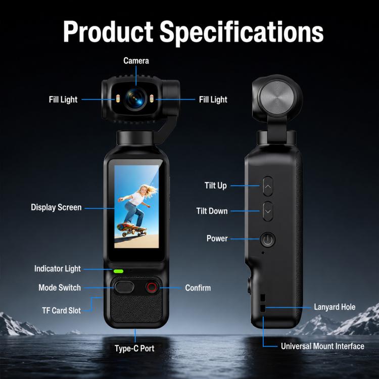 Videocamera tascabile con gimbal LK-032 da 1,97 pollici con risoluzione HD 1080P, ideale per vlog., LK-032