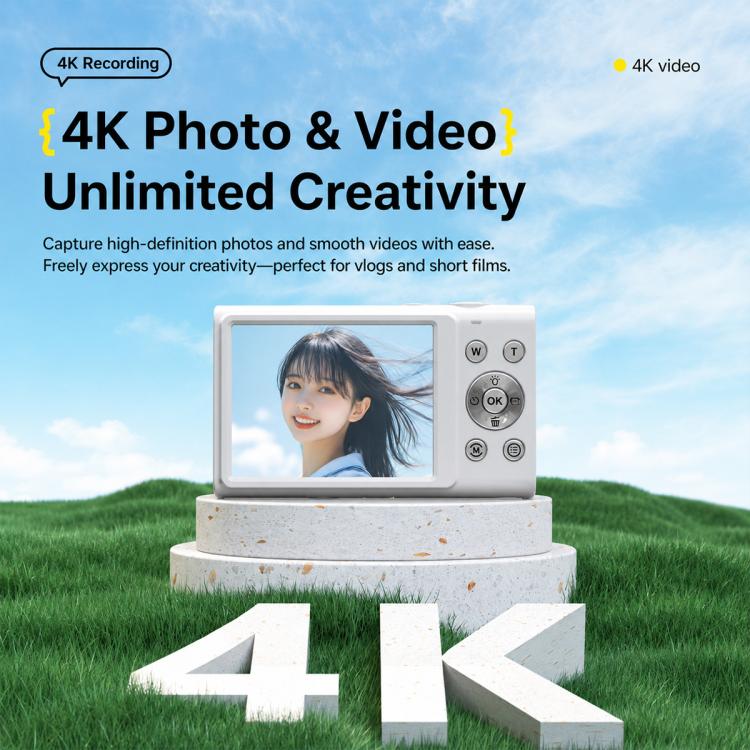 Fotocamera digitale 4K con pixel interpolati da 64 MP, autofocus AF e messa a fuoco automatica., White, White + 16G TF, White + 32G TF, Pink, Pink + 16G TF, Pink + 32G TF, Black + 16G TF