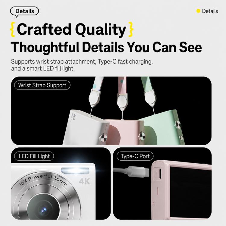 Fotocamera digitale 4K con pixel interpolati da 64 MP, autofocus AF e messa a fuoco automatica., White, White + 16G TF, White + 32G TF, Pink, Pink + 16G TF, Pink + 32G TF, Black + 16G TF
