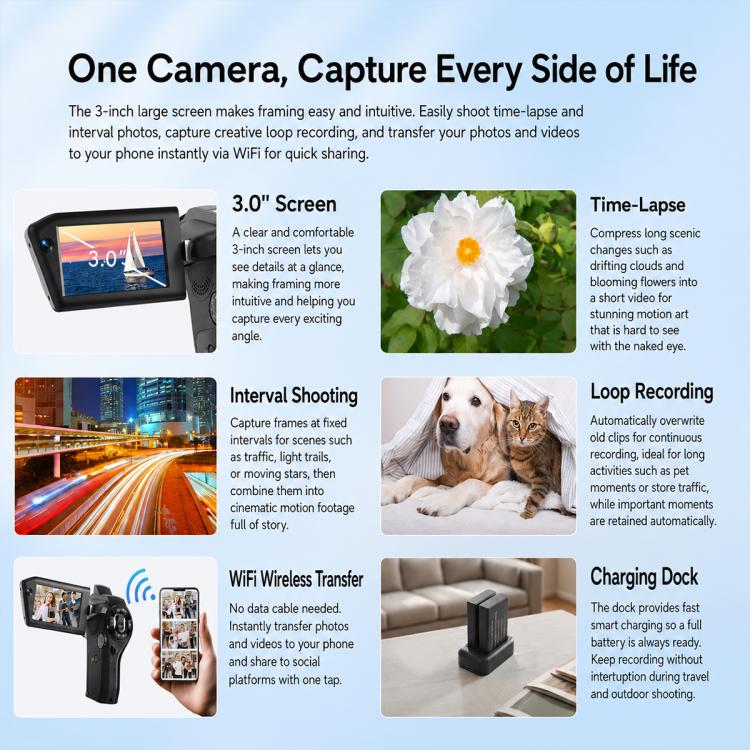Videocamera Vlog portatile V02 con zoom ottico 8x, schermo ribaltabile e risoluzione 8K HD