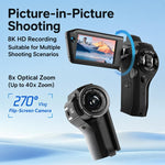 Videocamera Vlog portatile V02 con zoom ottico 8x, schermo ribaltabile e risoluzione 8K HD