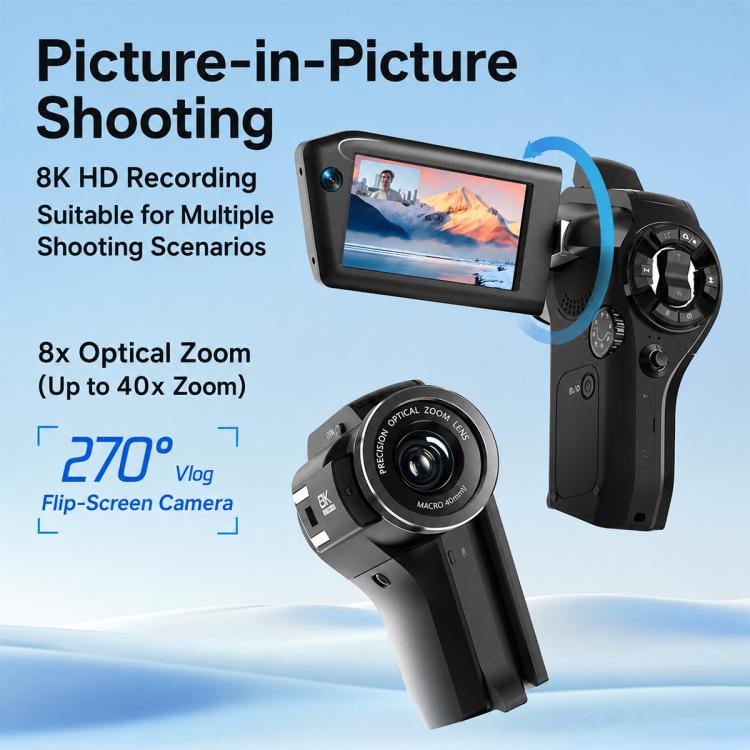 Videocamera Vlog portatile V02 con zoom ottico 8x, schermo ribaltabile e risoluzione 8K HD