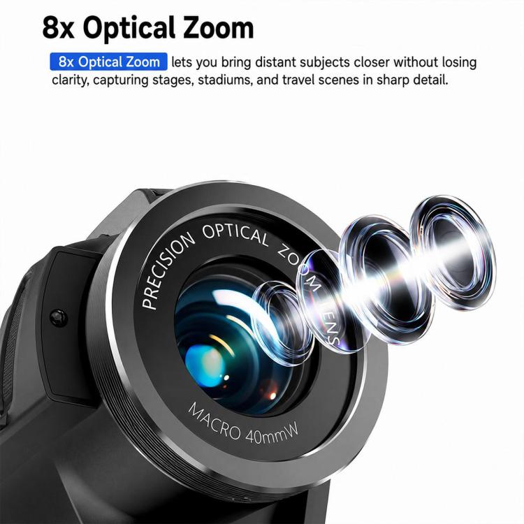 Videocamera Vlog portatile V02 con zoom ottico 8x, schermo ribaltabile e risoluzione 8K HD