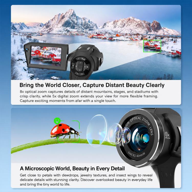Videocamera Vlog portatile V02 con zoom ottico 8x, schermo ribaltabile e risoluzione 8K HD