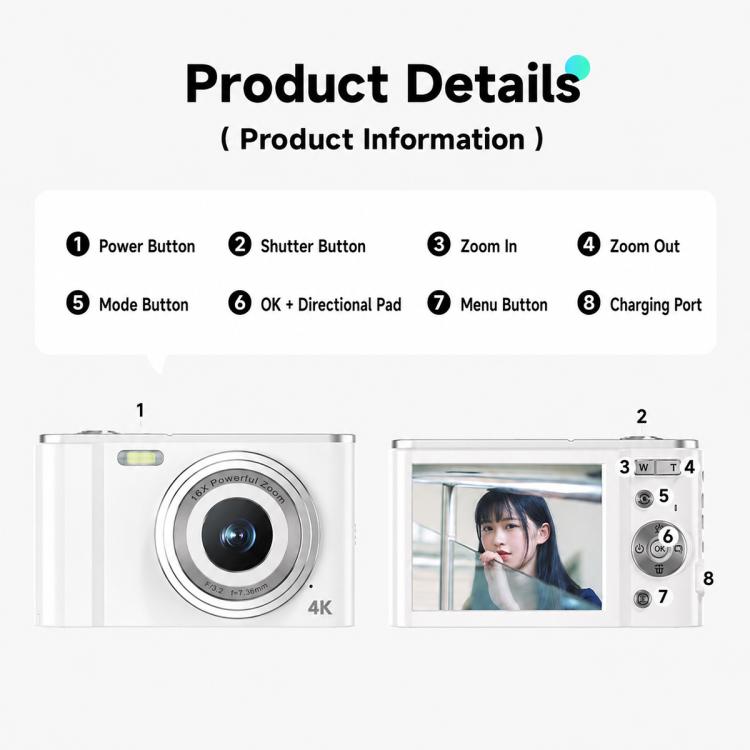 DC302 2.8 inch Screen Retro Digital HD Camera, White without Memory Card, White + 16GB, White + 32GB, White + 64GB, Black + 32GB, Black + 64GB
