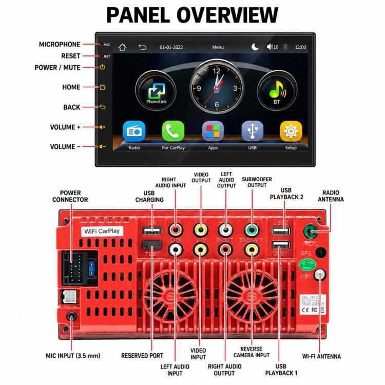 7 inch IPS Double-DIN Car MP5 Player Wireless CarPlay/Android Auto Bluetooth HD Display