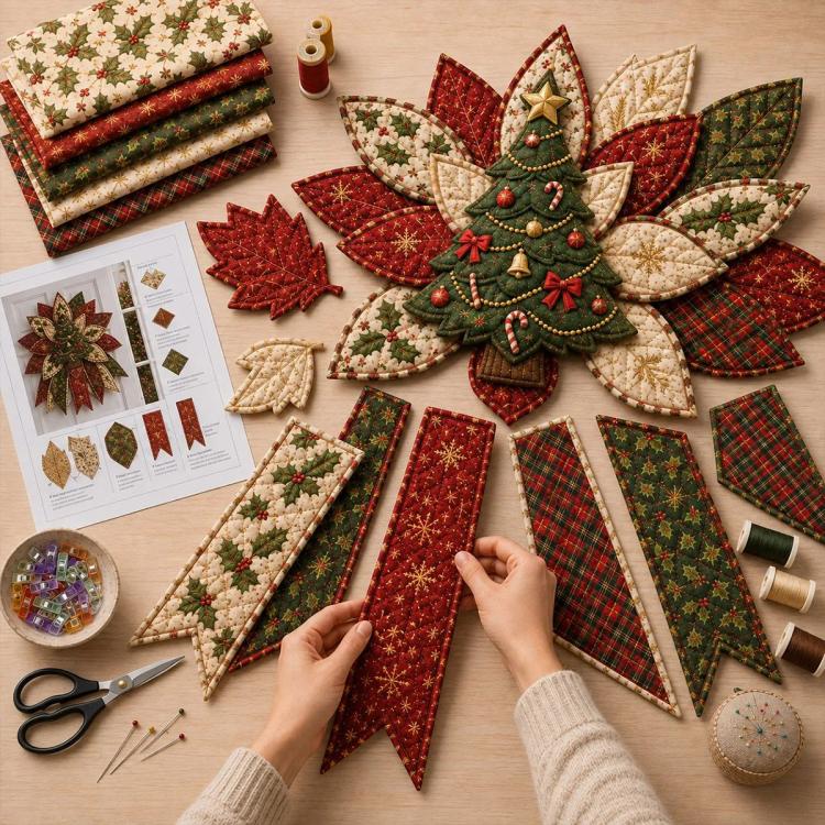 Festive Quilted Christmas Door Hanging DIY Sewing Kit, Christmas Tree, Poinsettia, Snowman, Red Sparrow, Reindeer, Angel