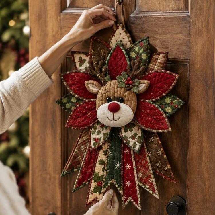 Festive Quilted Christmas Door Hanging DIY Sewing Kit, Christmas Tree, Poinsettia, Snowman, Red Sparrow, Reindeer, Angel