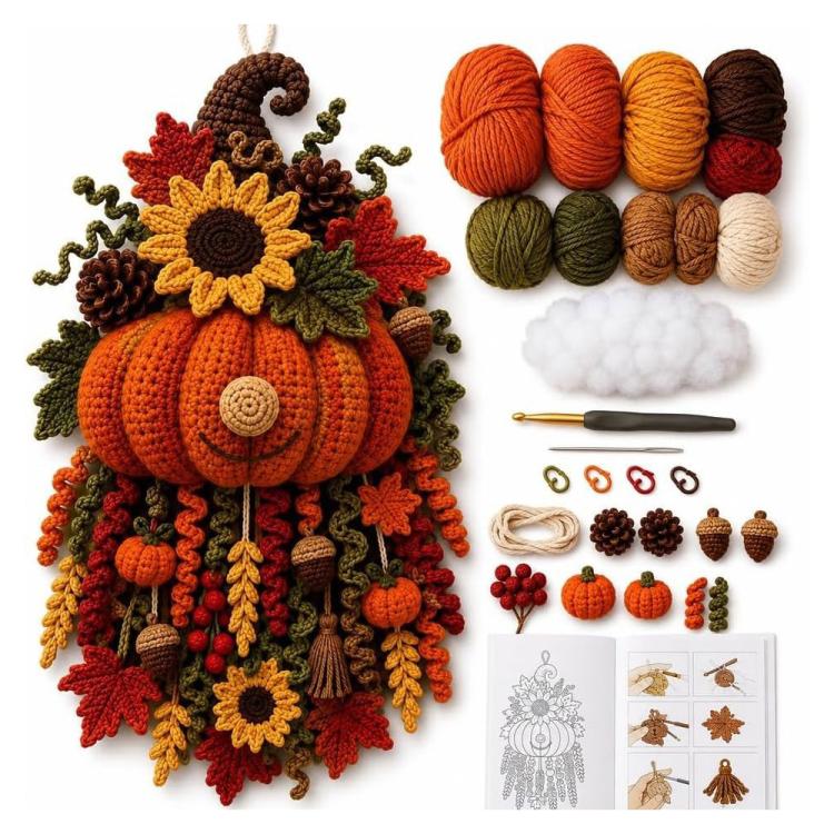 Handmade Ornament DIY Seasonal 3D Crochet Door Hanger Kit Collection, Christmas, Easter, Heart, Pumpkin, Witch, Winter Snow, Springtime-Ladybug, Springtime-Honeybee, Ocean