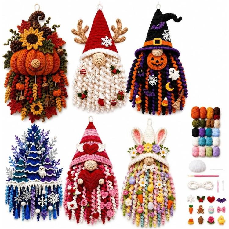 Handmade Ornament DIY Seasonal 3D Crochet Door Hanger Kit Collection, Christmas, Easter, Heart, Pumpkin, Witch, Winter Snow, Springtime-Ladybug, Springtime-Honeybee, Ocean