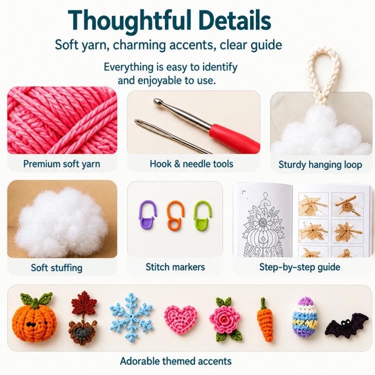 Handmade Ornament DIY Seasonal 3D Crochet Door Hanger Kit Collection, Christmas, Easter, Heart, Pumpkin, Witch, Winter Snow, Springtime-Ladybug, Springtime-Honeybee, Ocean